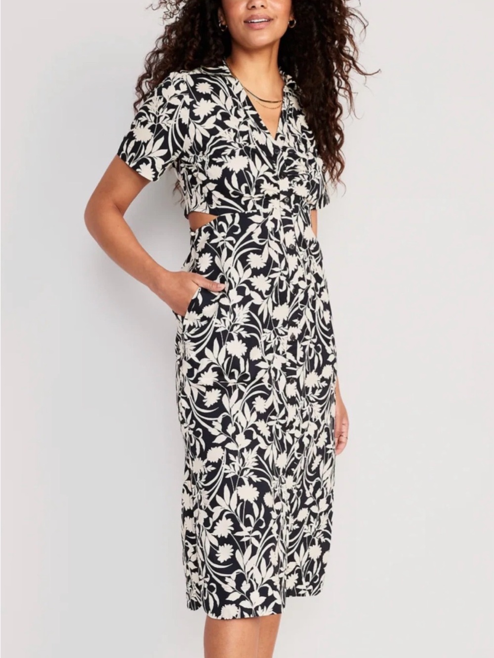 Navy & White Floral Cutout Midi Dress with V-Neck